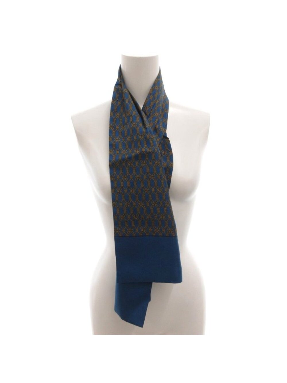 Hermes Scarf Ascot Tie Gold Chain Pattern Silk Pleats Blue - Picture 4 of 5